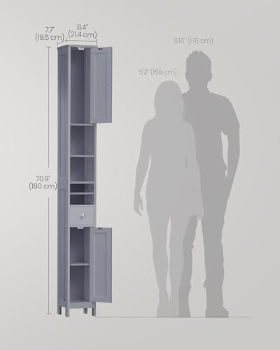 VASAGLE Tall Bathroom Cabinet - Slim Freestanding Storage with Drawer & Open Shelves, Dove Gray, 7.7D x 8.4W x 70.9H, No Lights