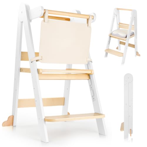 Foldable Wooden Toddler Learning Tower - Height Adjustable Kids Step Stool - White Variation