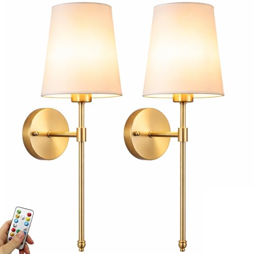 Brass Rechargeable Wireless Wall Sconces Set of 2 - 19.29 Inch, Remote & RGB Dimmable, 50 Hours Runtime