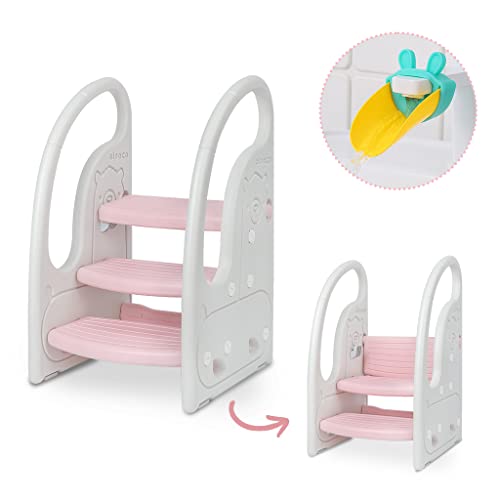 Pink Kids 3-Step Toddler Learning Tower Stool & Chair for Kitchen & Bathroom
