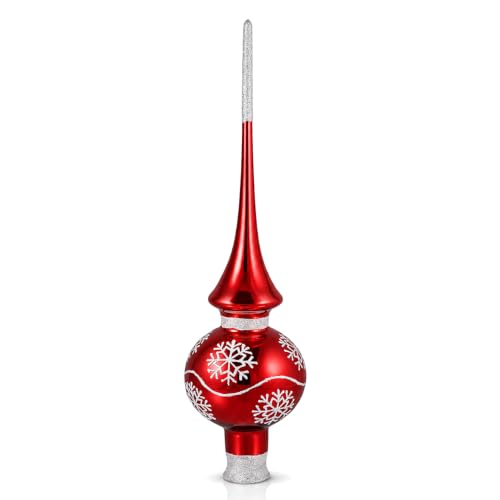 Altair Hand-Blown Red Glass Christmas Tree Topper - Elegant Finial with Snowflakes