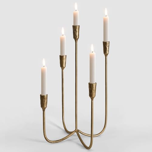 Antique Brass 5-Arm Candle Holder - 15 Inch Cast Iron Candelabra for Weddings & Home Decor