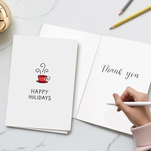 Podagree Holiday Greeting Card with Red Coffee Cup Illustration – Christmas & New Year Stationery, 5.3x8in, Blank inside, Includes Envelope