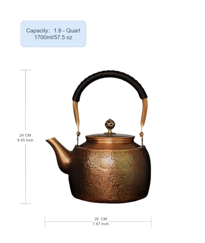 Large Handmade Copper Teapot 1700ml Stovetop Kettle Pure Red Copper No Coating