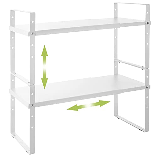 Across-Star Expandable White Kitchen Counter Organizer Rack 2 Pack, Adjustable & Stackable Spice & Pantry Shelves