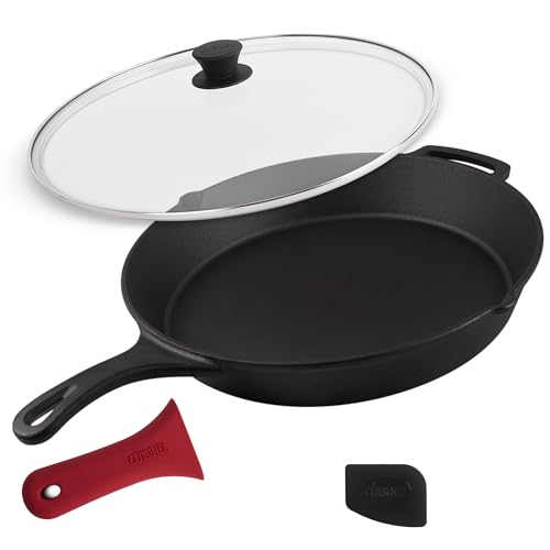Cuisinel 15-Inch Cast Iron Skillet with Glass Lid & Handle Cover - Pre-Seasoned Oven-Safe Cooking Pan for Indoor & Outdoor Use