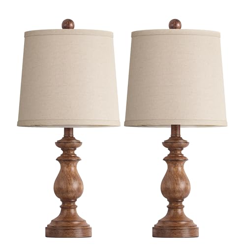 PARTPHONER Rustic Farmhouse Wood Grain Table Lamp Set of 2 - 22 Inch Linen Shade Nightstand Lamps for Living Room & Bedroom