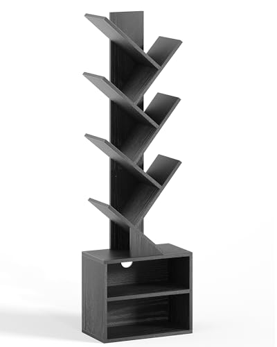 Black 6-Tier Tree Bookshelf with Storage Cabinet - Compact Tall Bookcase
