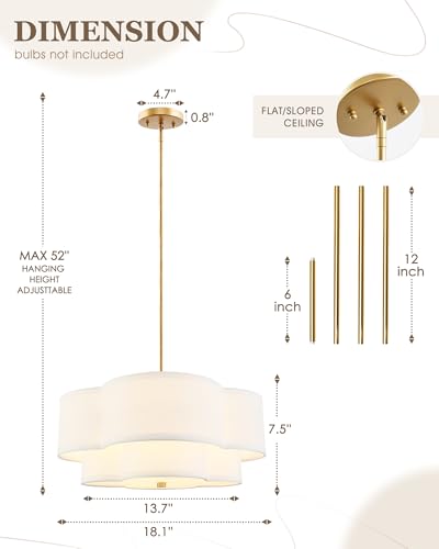 18-Inch Gold Pendant Light with White Fabric Shade - Dual Layer Quatrefoil Design, Adjustable Height
