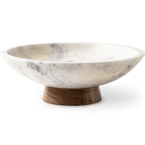 Marble Decorative Bowl with Acacia Wood Pedestal - 11 Inch Centerpiece