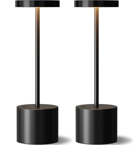 Black Cordless Rechargeable Table Lamp Set of 2 - 4000mAh Battery, Touch Dimmable, Portable LED Lighting