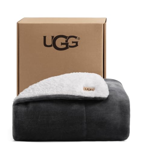 UGG Nita Charcoal Grey Reversible Throw Blanket - Fluffy & Soft Fleece, 50x70 Inches, Giftable Couch & Bed Decor