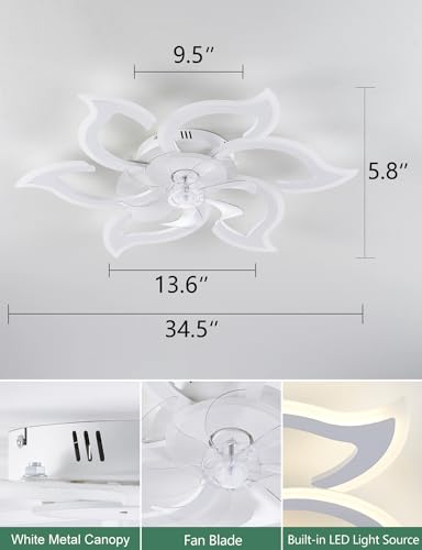 SIJINCHEN 33.5 Inch White Flower Ceiling Fan with Lights & Remote - Modern Low Profile Flush Mount Fan for Bedroom & Kitchen