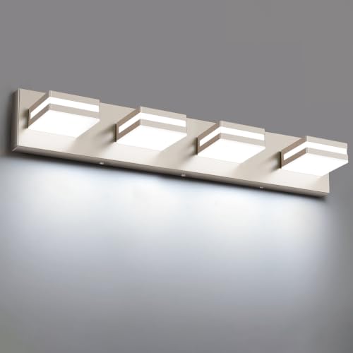 Leifod Nickel 4-Light Modern LED Vanity Light Fixture, 24 Inch Dimmable Bathroom Wall Light, No Assembly Required