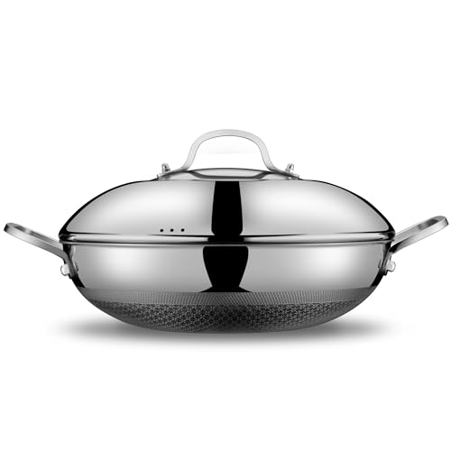 SNOWCLAD 13-Inch Nonstick Wok Pan with Double Handles and Lid - Hybrid Stainless Steel, Induction & Oven Safe - Variation: Double Helpers