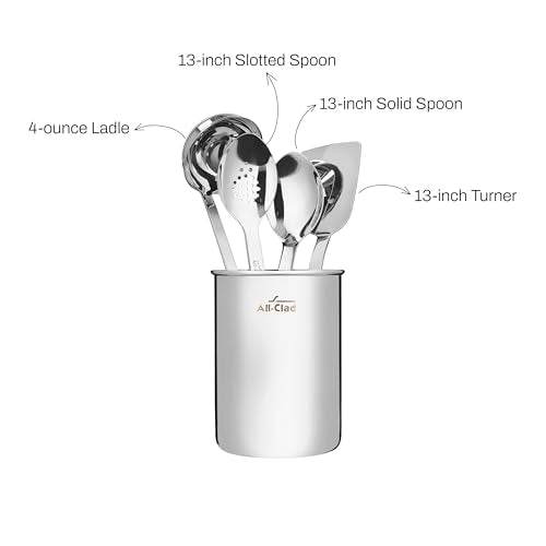 All-Clad 5-Piece Stainless Steel Kitchen Utensil Set - Includes Ladle, Spoon, Turner & Storage Caddy