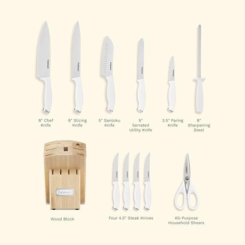 White Stainless Steel Knife Block Set - 12-Piece Kitchen Cutlery with Storage