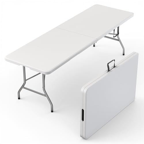 White 8ft Foldable Camping Table with Handle & Steel Legs - Heavy Duty Portable Indoor & Outdoor Event Table