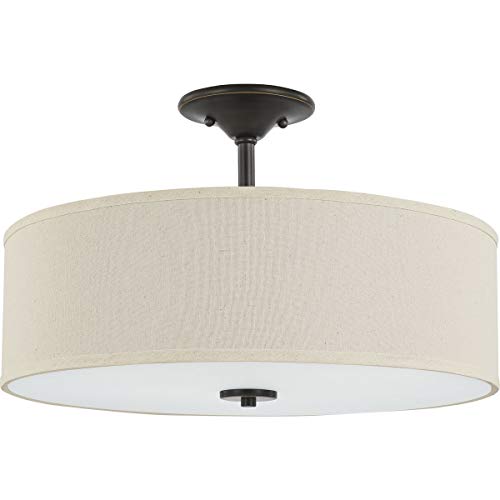 Progress Lighting Inspire Antique Bronze 3-Light Fabric Semi-Flush Ceiling Light with Off-White Linen Shade