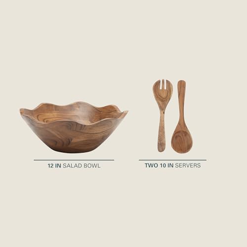 Acacia Wood Salad Bowl Set with Servers - 12-Inch Rustic Serving Dish with Utensils - Sandhurst / Acacia Wood 3-Piece Set
