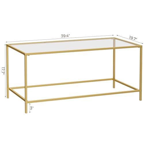 Homleke Gold Glass Coffee Table - Modern Rectangular Living Room Accent, 39.4 x 19.7 x 17.7 Inches