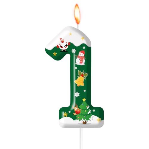 Christmas Number 1 Birthday Candle Green Bell - Cake Topper with Pick, Xmas Tree Holiday Décor
