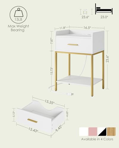 Nightstand with Charging Station, Modern Bedside Table Drawer and