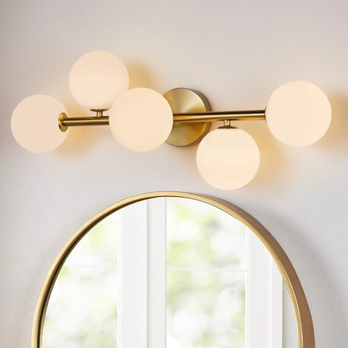 Feasey Gold Milk Glass Bathroom Vanity Light Fixtures, 5-Light Wall Sconce