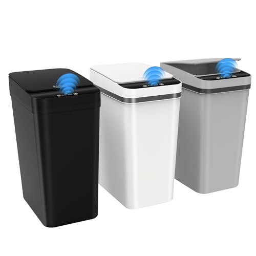 Automatic Small Bathroom Trash Can with Lid 2.5 Gallon - Black/White/Grey 3 Pack