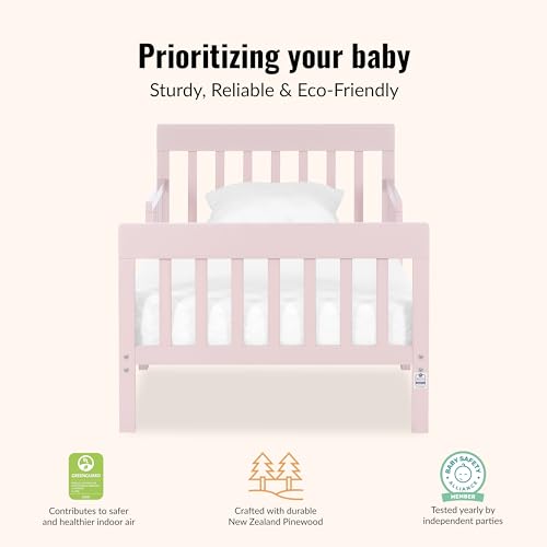 Pink Toddler Bed with Safety Rails - Low Floor, GREENGUARD Gold, Pinewood