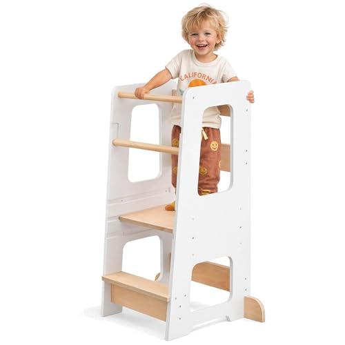 White Wooden Toddler Kitchen Helper Tower with 3 Heights - Safe & Adjustable