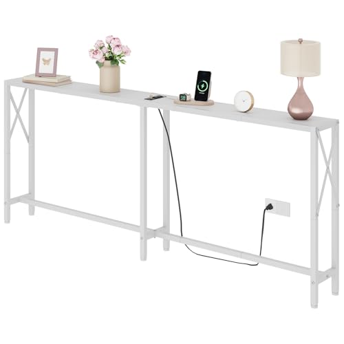 70-Inch White Sofa Table Behind Couch with Charging Station & Narrow Design - Modern Console