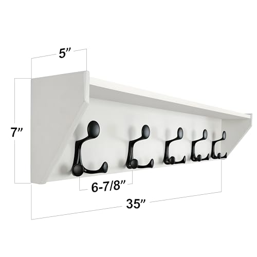 White Wall Shelf with Hooks - 35-Inch Coat Rack & Organizer with 5 Tri Hooks