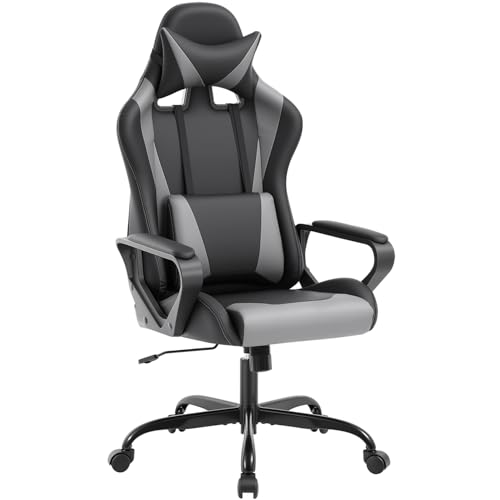 Ergonomic Gaming Chair for Adults - Gray PU Leather, High Back, Rocking, Lumbar Support, Swivel, Easy Assembly - Style1