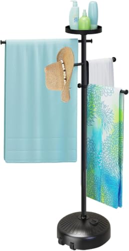 Outdoor Pool Towel Rack with Built-In Tray, Adjustable Bars & Wheels