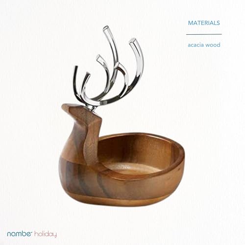 Nambe Reindeer Candy Dish - Holiday Figural Decor with Acacia Wood and Chrome Antlers