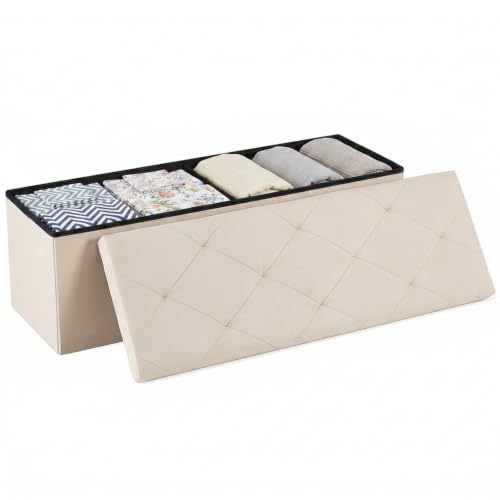 43-Inch Folding Storage Ottoman Bench with Linen Fabric - Soft Beige