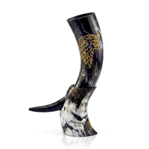 NORSE EMPIRE 12oz Genuine Ox-Horn Viking Drinking Horn with Stand & Leather Holster - Beer, Mead & Whiskey Tankard Gift
