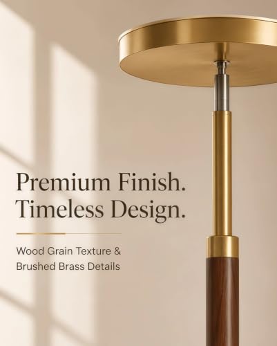 Walnut Wood & Brushed Brass LED Torchiere Floor Lamp with Remote Dimmable 3000LM