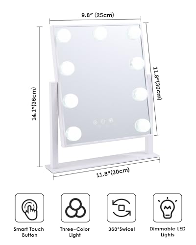 White Lighted Makeup Mirror with 9 LED Bulbs, 14.1" x 11.8" Vanity Mirror with Lights