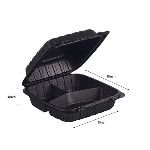 Jaluxing 8X8 3-Compartment Plastic Takeout Food Trays - 50 Pack, Heavy Duty Hinged Containers with Secure Snap Lid - Variation JLX--PP883B-3C