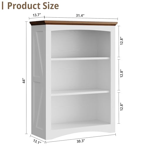 43-Inch Farmhouse Wooden Bookshelf - 3-Tier White Bookcase for Living Room & Office