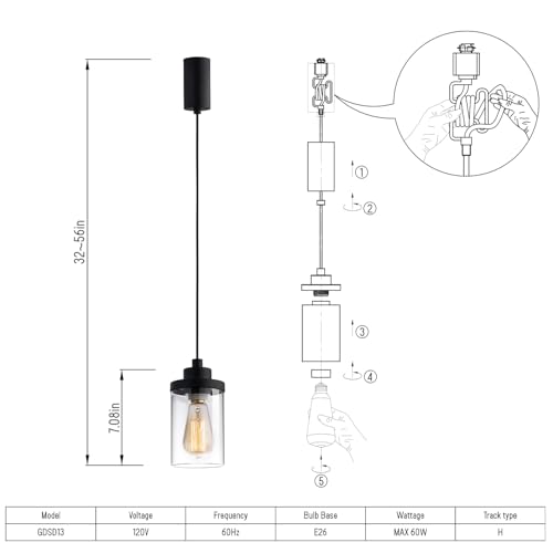 Mirrea Black H-Type Track Lighting Pendants, Adjustable 3-Pack - E26 Compatible