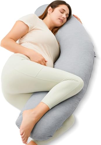 Momcozy J-Shaped Cooling Pregnancy Pillow with Deep Grey Cover – Supportive Maternity Pillow for Sleeping & Comfort