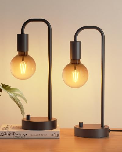 Non-USB Black 2-Pack Industrial Dimmable Table Lamps with Gradient LED Bulbs