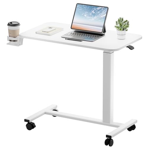 White GTPLAYER Adjustable Mobile Standing Desk with Lockable Wheels, Overbed Table, 32x18 inch