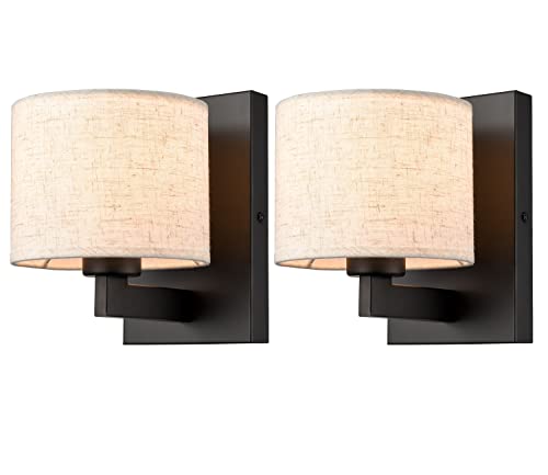 SAMTEEN Farmhouse Black Wall Sconces Set of 2 with Fabric Shades - Modern Indoor Wall Lighting