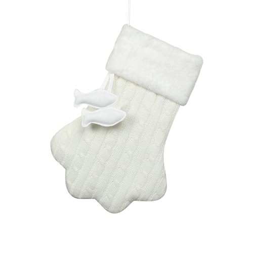 E-FirstFeeling Knit Cat Paw Christmas Stocking with Faux Fur Cuff - White, Large Holiday Decor