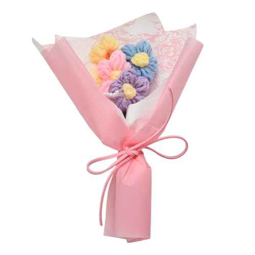 Mini Crochet Flowers Bouquet Kit for Girls Birthday Gifts for Daughter Friends Handmade Knitted Eternal Puff Flower Bouquet Pink Artificial Flowers Home Decor Decorations for Graduation Motehrs Day