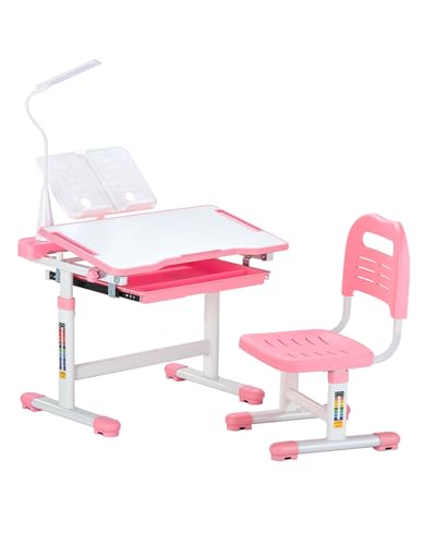 Kids Study Desk and Chair Set with Tilting Desktop, Table Lamp & Adjustable Height - Pink